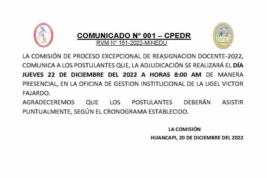 COMUNICADO No 001 REASIGNCION