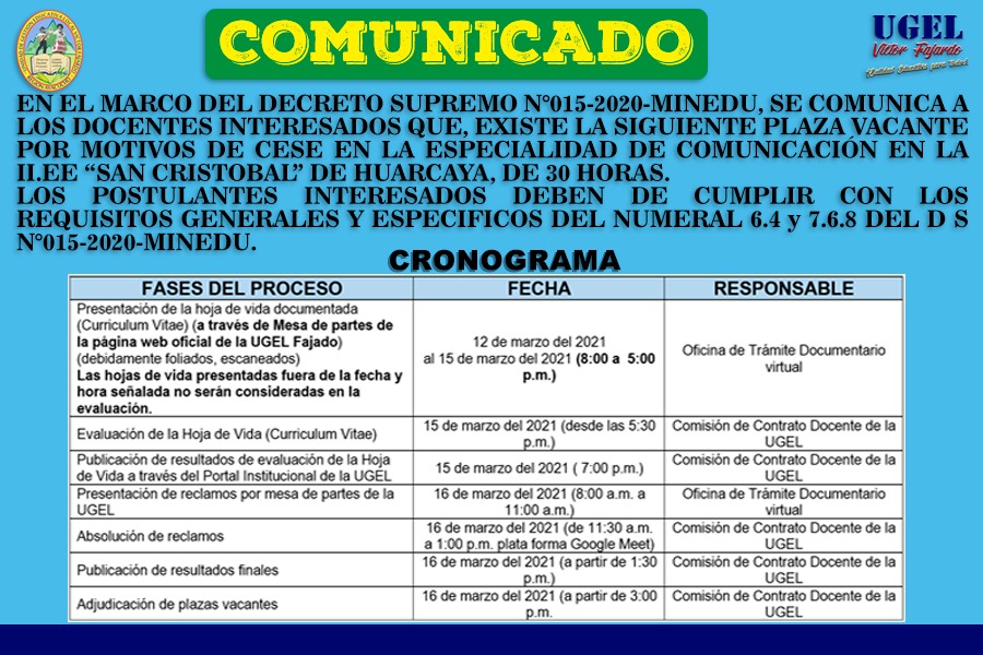 COMUNICADO PLAZAS VACANTES