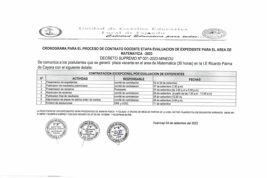 cronograma proceso contrata doce mat ie ricardo palma cayara